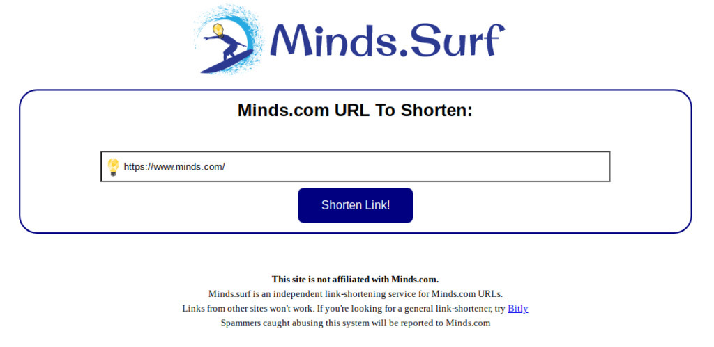 screenshot of Minds.Surf link shortening service 