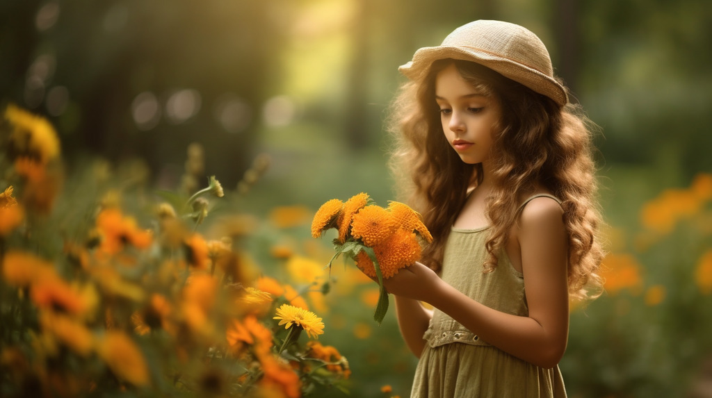 AI caption: a little girl is holding flowers in a field, portrait