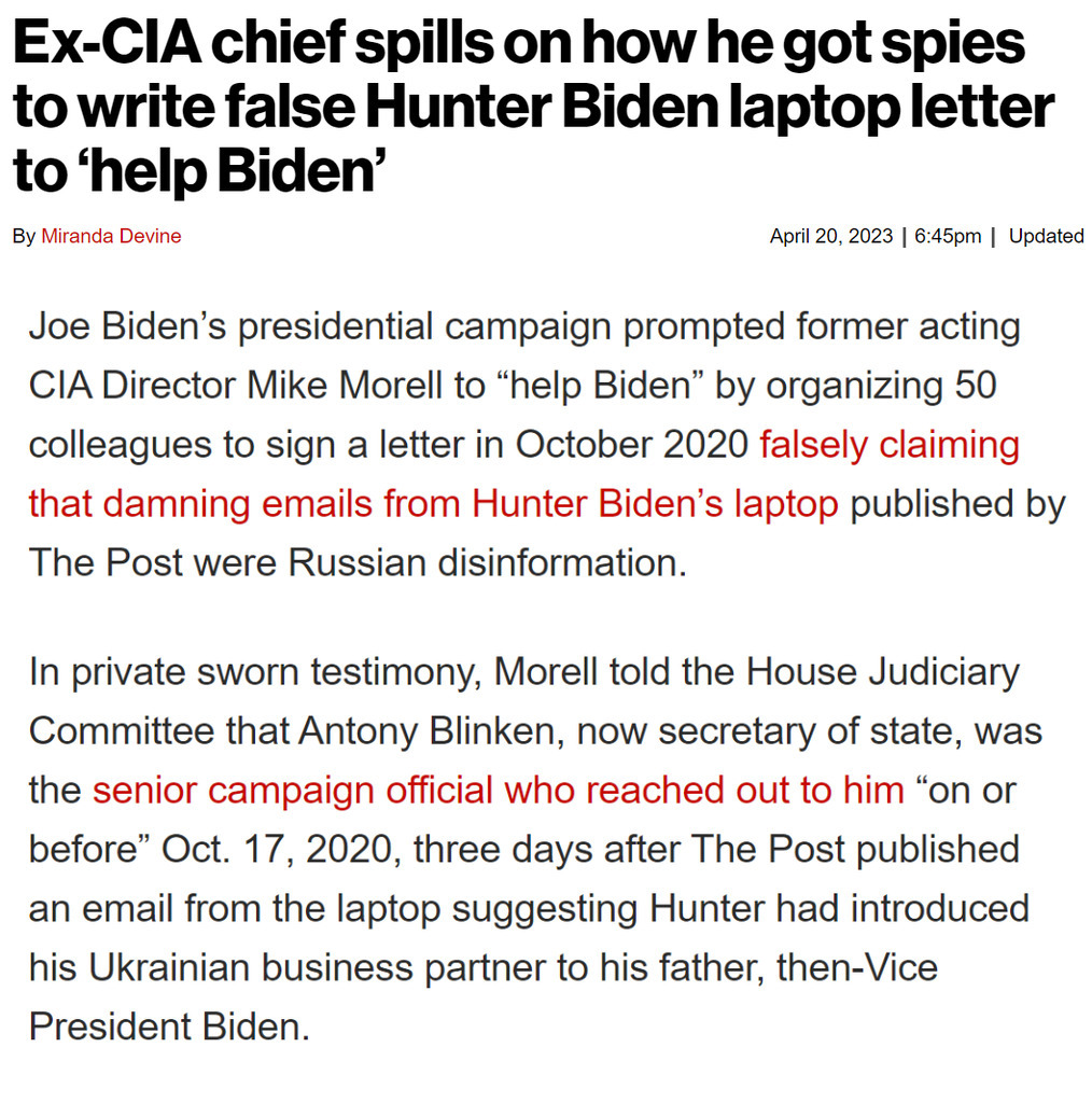 AI caption: a newspaper article with the headline cia chief spills how spies write false hunter biden laptop letter to president, newspaper