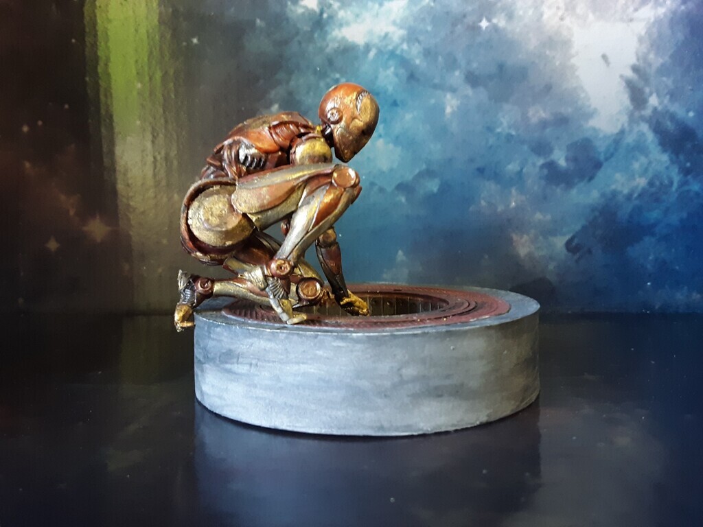 AI caption: a statue of a robot on a table, comic book