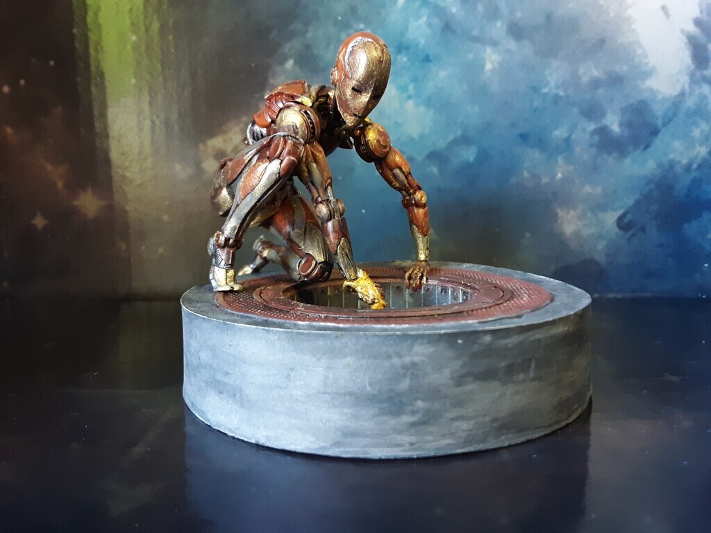 AI caption: a model of an iron man on a table, comic book