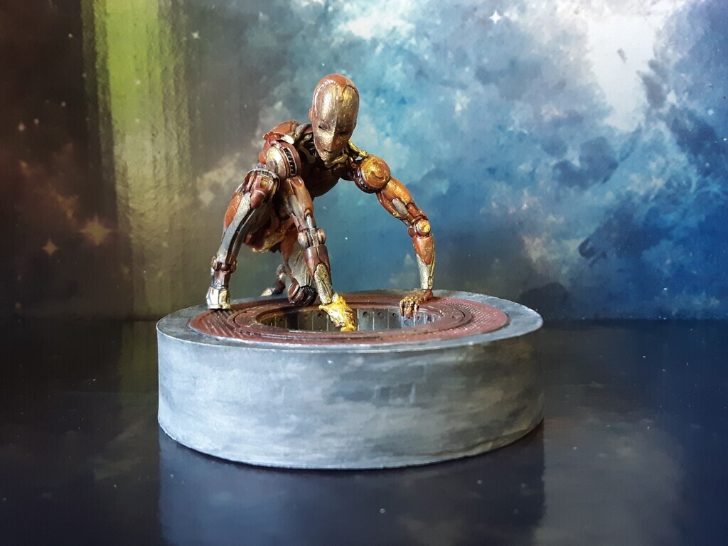 AI caption: a model of an iron man standing on a table, comic book