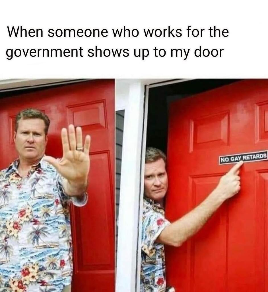 AI caption: a man is standing in front of a red door with the caption when someone works for the government shows up to my door, graphic design