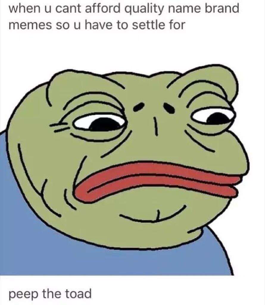 AI caption: a frog with the caption, when you afford quality name brand memes so you have to settle for peep the frog, meme