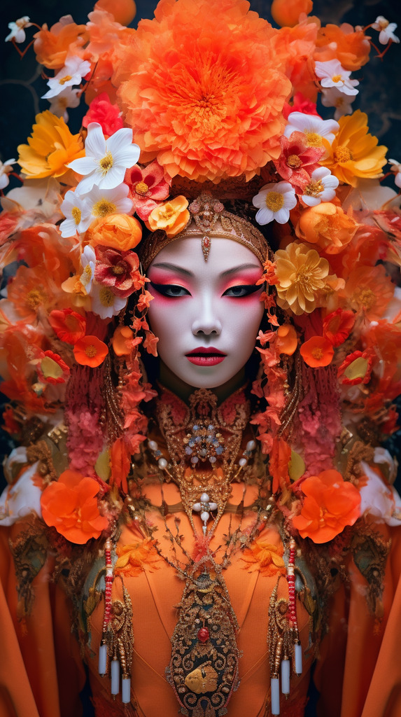 AI caption: a woman in an orange dress with flowers on her head, portrait