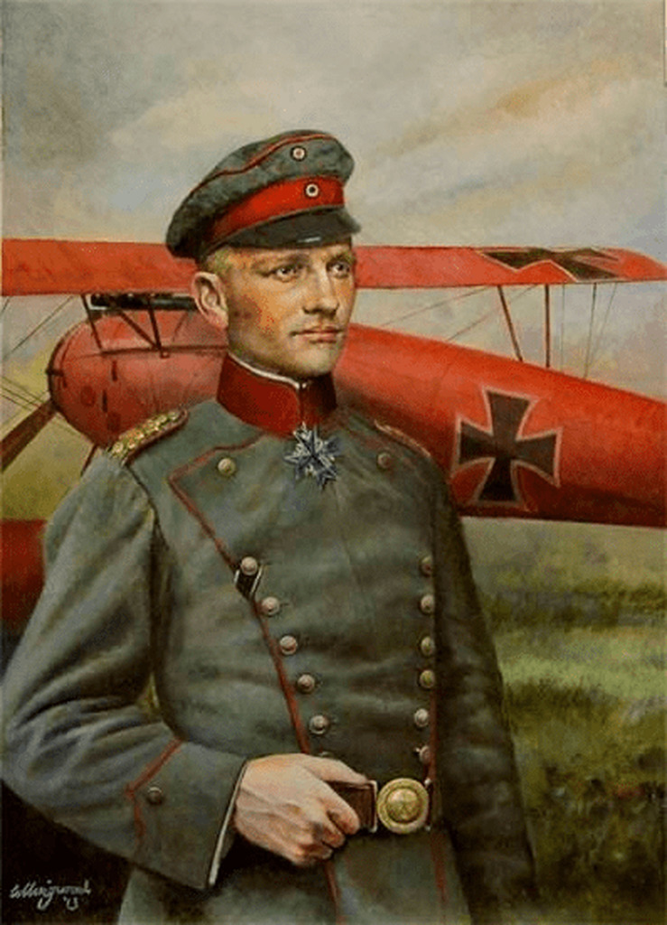AI caption: a painting of a man in uniform standing next to a plane, painting