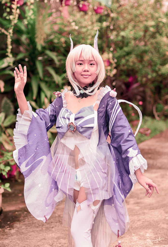AI caption: a girl in a white and purple costume is walking down a path, anime
