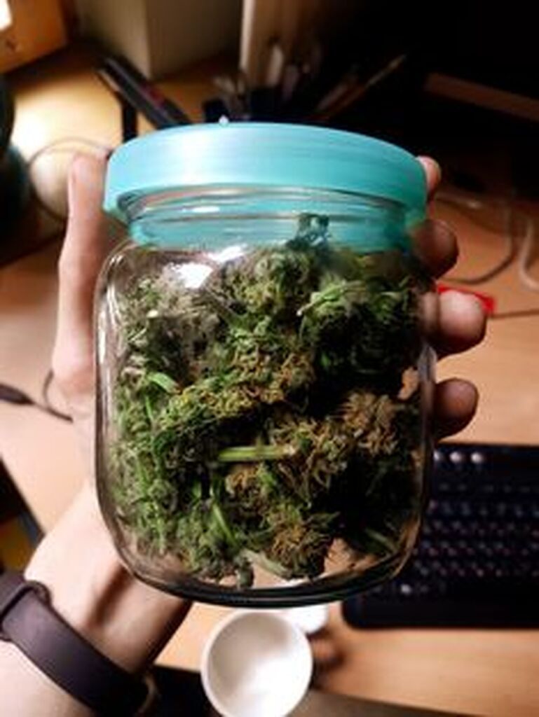 AI caption: a person holding a jar of marijuana, hand holding a jar of marijuana