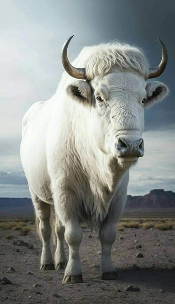 AI caption: a white buffalo standing in the desert, abstract
