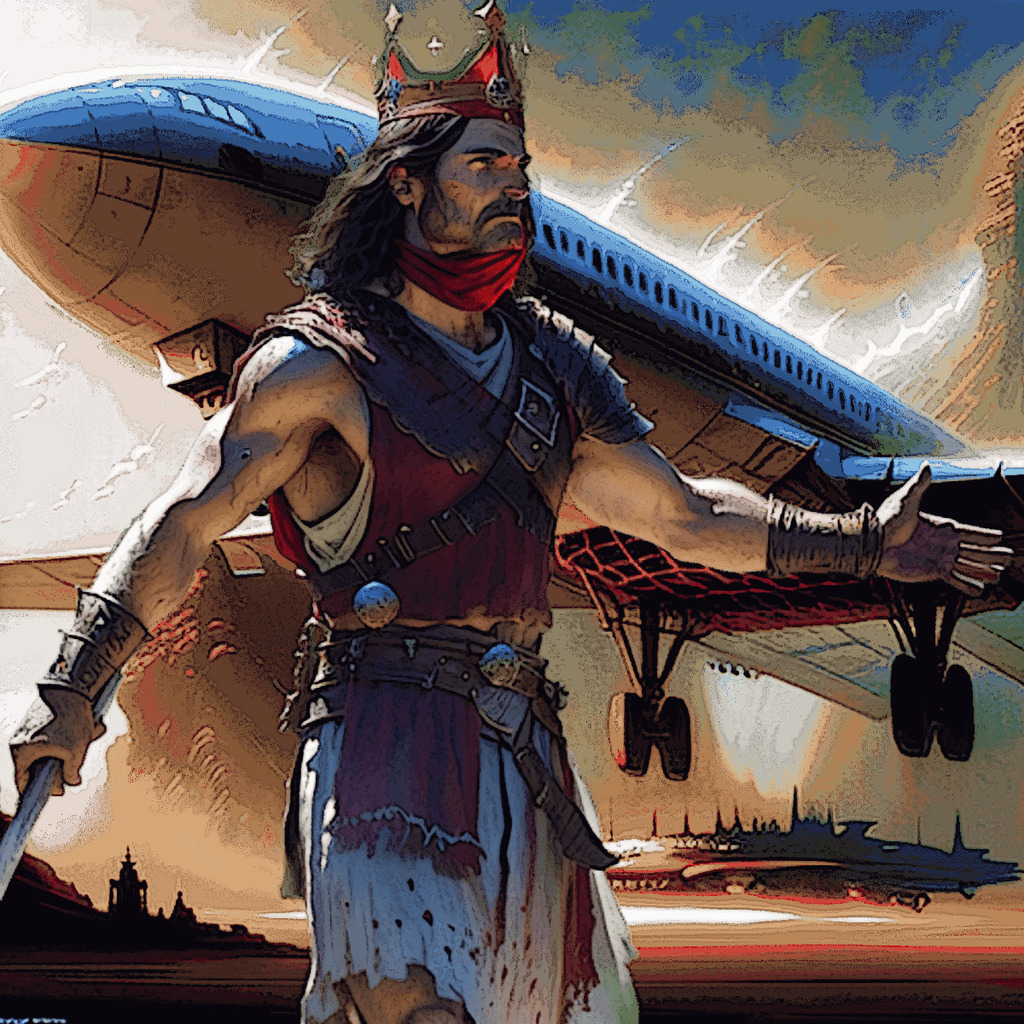 AI caption: a painting of a man with a sword and a plane, painting