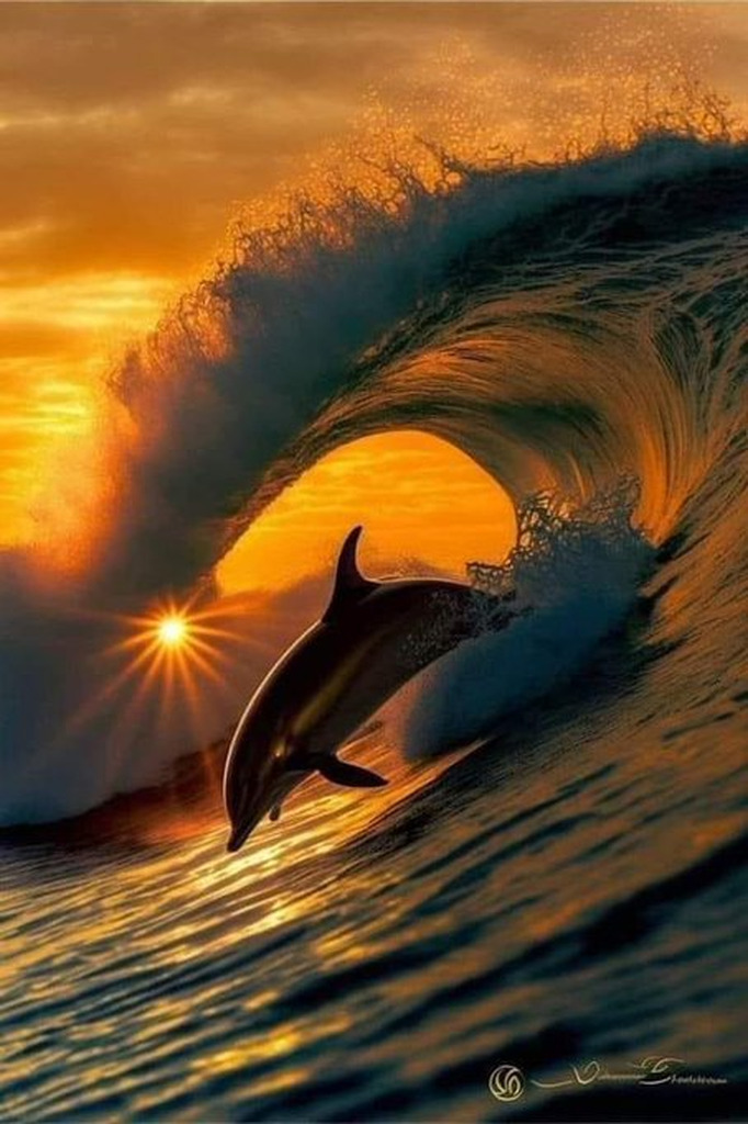 AI caption: a dolphin is riding a wave at sunset, abstract