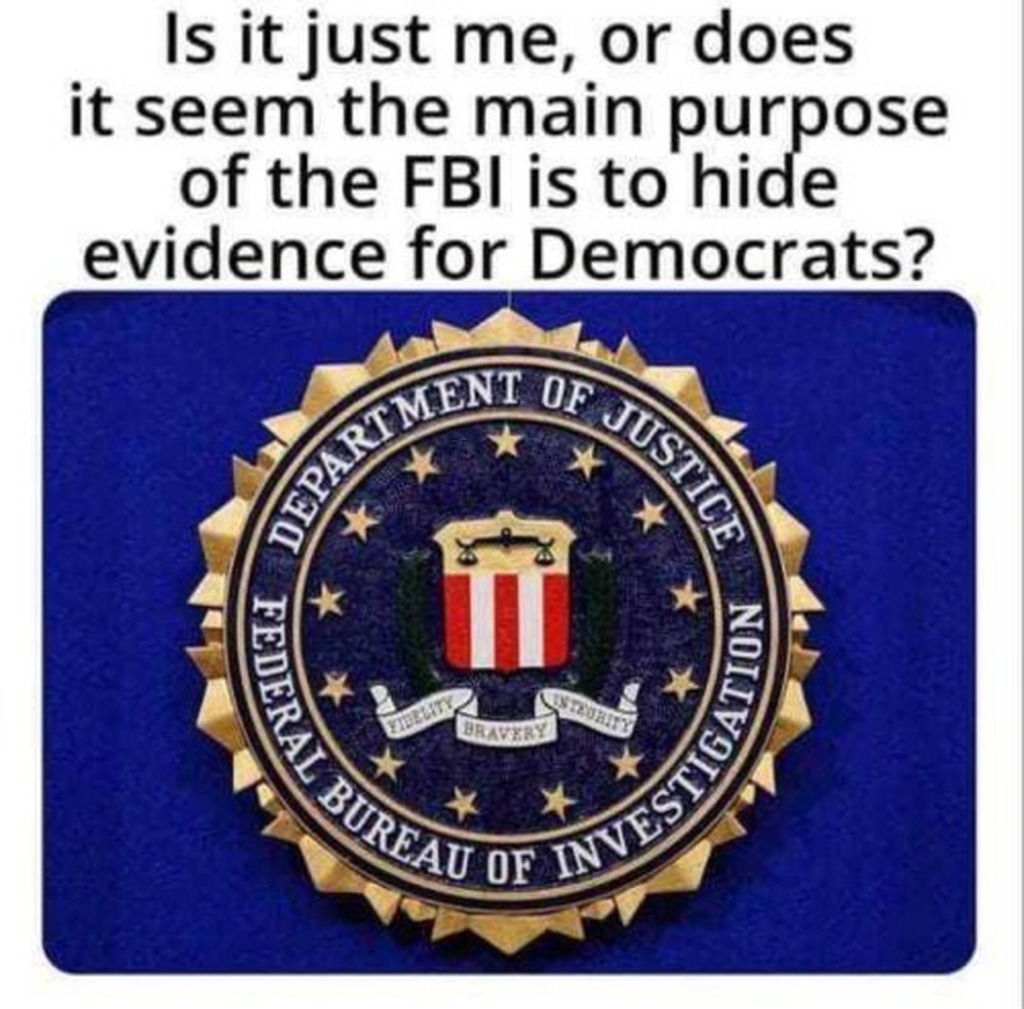 AI caption: the fbi seal with the words is it just me or does it seem the main purpose of the fbi is to hide evidence for democratic candidates, it is a badge with the words is just me or does seem the main purpose of the fbi evidence is to hide from democrats