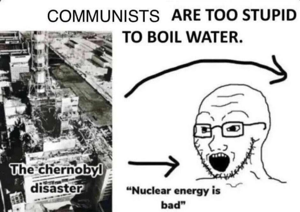 AI caption: a cartoon of a nuclear power plant with the words communists are too stupid to boil water, comic