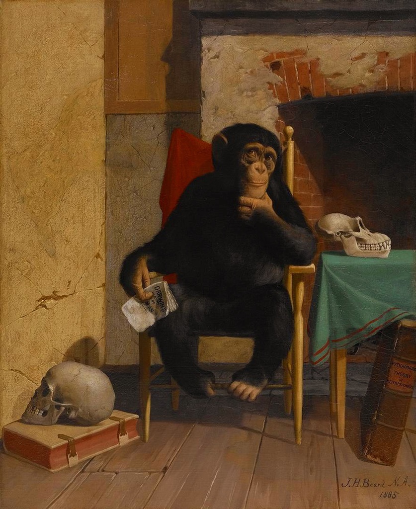 AI caption: a painting of a chimpanzee sitting in a chair, realism