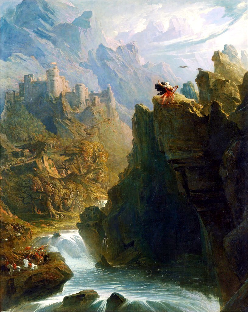 AI caption: a painting of a man on a rock overlooking a river, painting