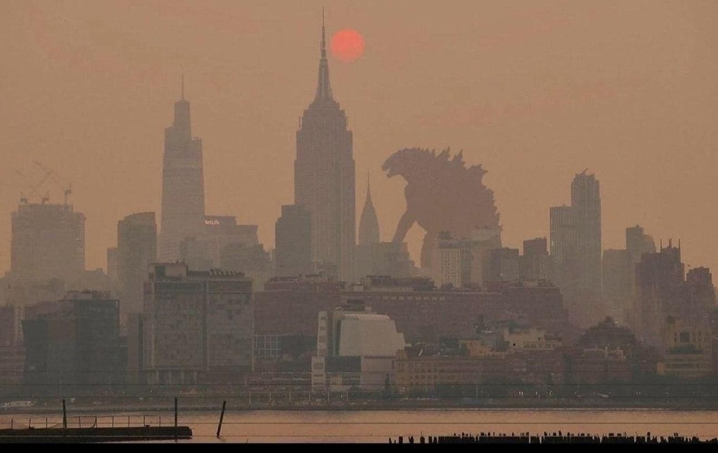 AI caption: godzilla is seen in the sky over the city, black and white