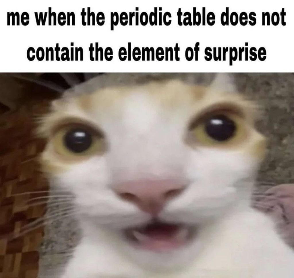 AI caption: a cat with a big mouth and a caption that says when the periodic table does not contain the element of surprise, meme