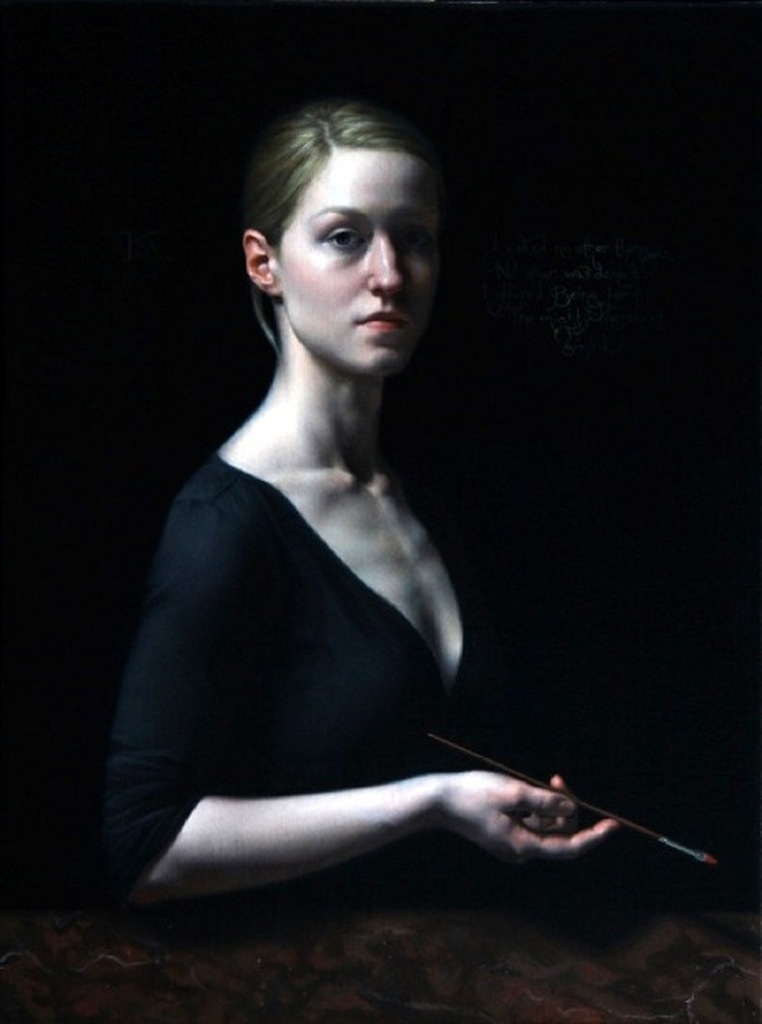 AI caption: a painting of a woman holding a pencil, oil painting
