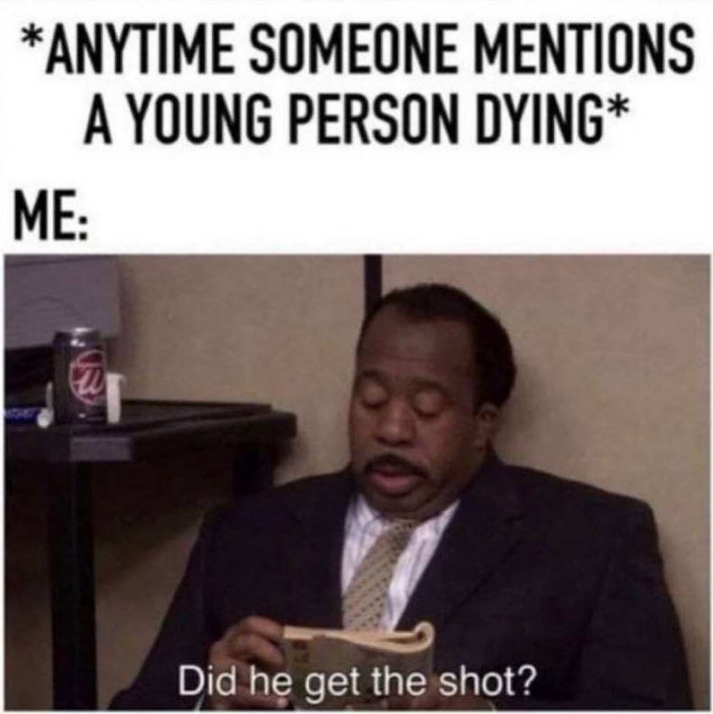 AI caption: a man in a suit reading a book with the caption anytime someone mentions a young person dying me did i get the shot?, black and white