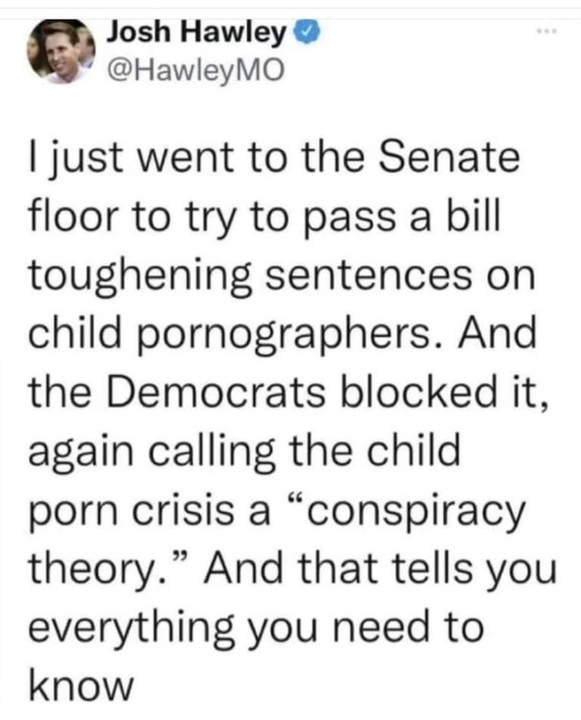 AI caption: a twitte with the text, joshua hawkley just wanted to go to the senate to try to toughen the bill on children's, a tweet