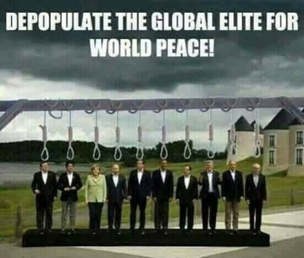 AI caption: a group of men standing on a rope with the words depreciate the global elite for world peace, cartoon