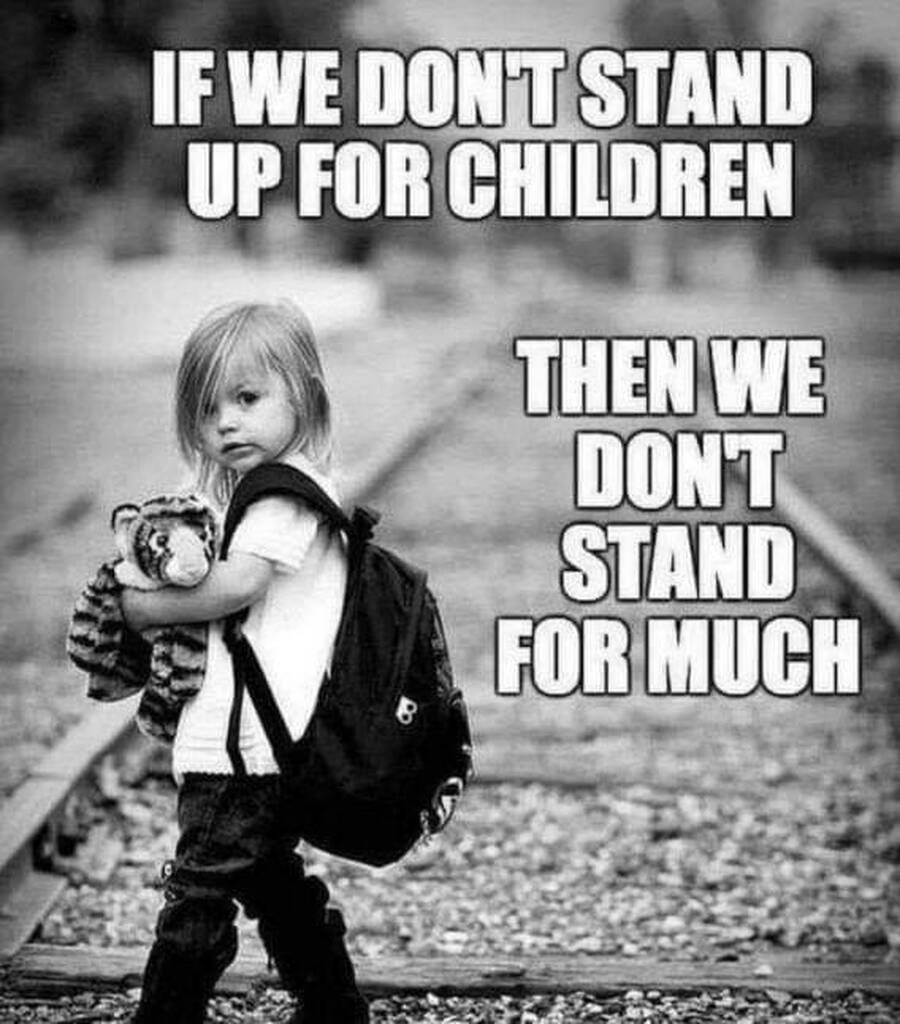 AI caption: a little girl with a backpack and the text if we don't stand up for children then we don't stand for much, cartoon