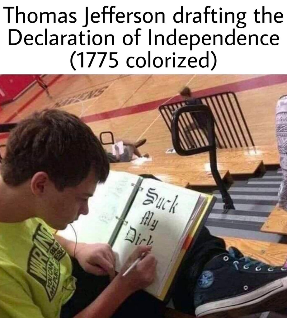 AI caption: a boy is sitting in a gym writing thomas jefferson drafting the declaration of independence 1775 colored, cartoon
