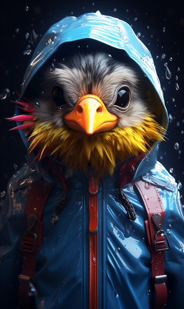 AI caption: a bird in a blue jacket with a backpack, 3d