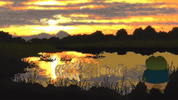 AI caption: a man is standing by a lake at sunset, pixel art