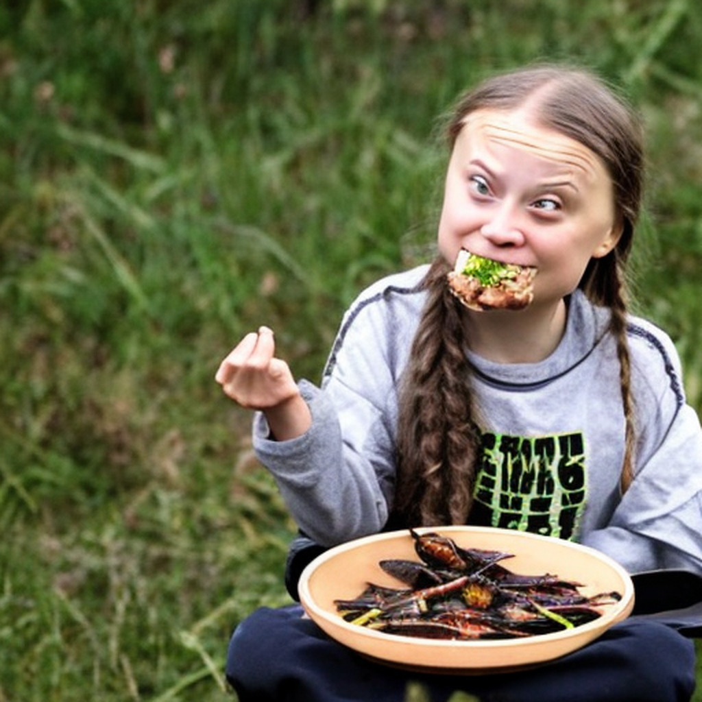 AI caption: a girl eating a piece of bread with a plate of food, portrait a girl eating a plate of food in the grass