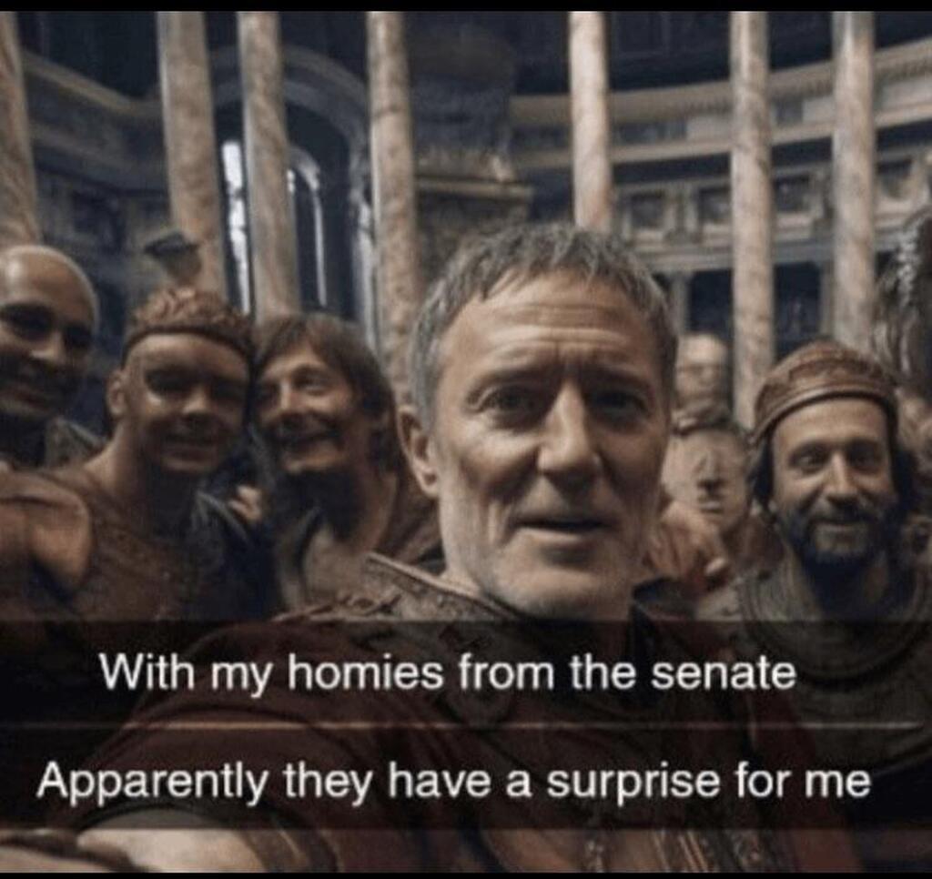 AI caption: a group of people in a group with the caption, with my homies from the senate apparently they have a surprise for me, it is a meme