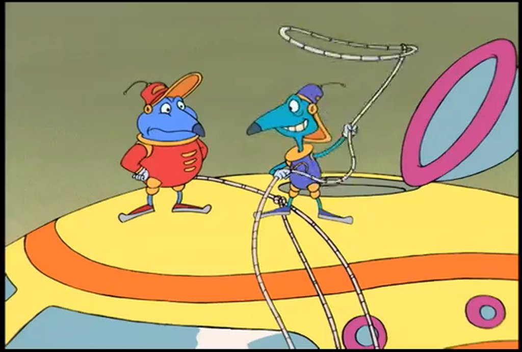 AI caption: two cartoon characters standing on a yellow airplane, cartoon