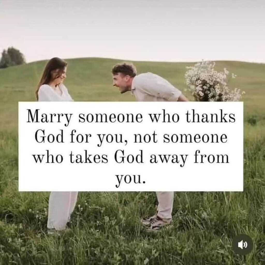 AI caption: a couple in a field with the quote marry someone who thanks god for you not someone who takes god away from you, romantic
