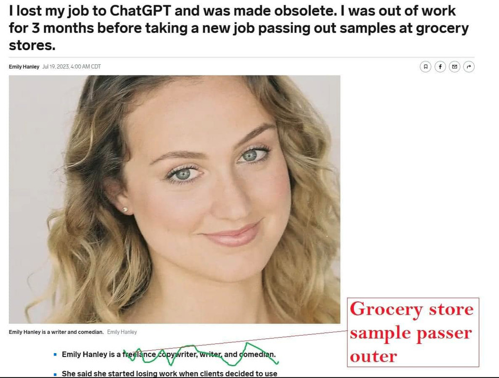 AI caption: a woman is shown in a grocery store, a newspaper article