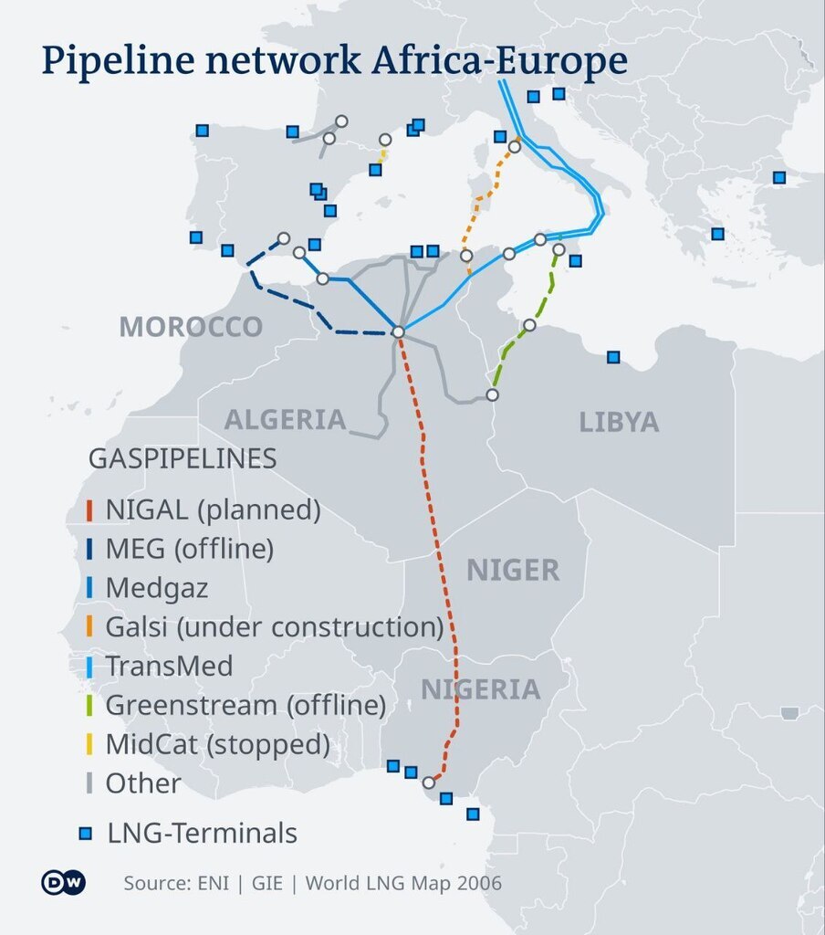 AI caption: pipeline network africa europe, map